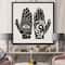 Designart - HamSa Hands With Eye And Moon Black And White Illustration - Modern Canvas Wall Art Print in Black Frame